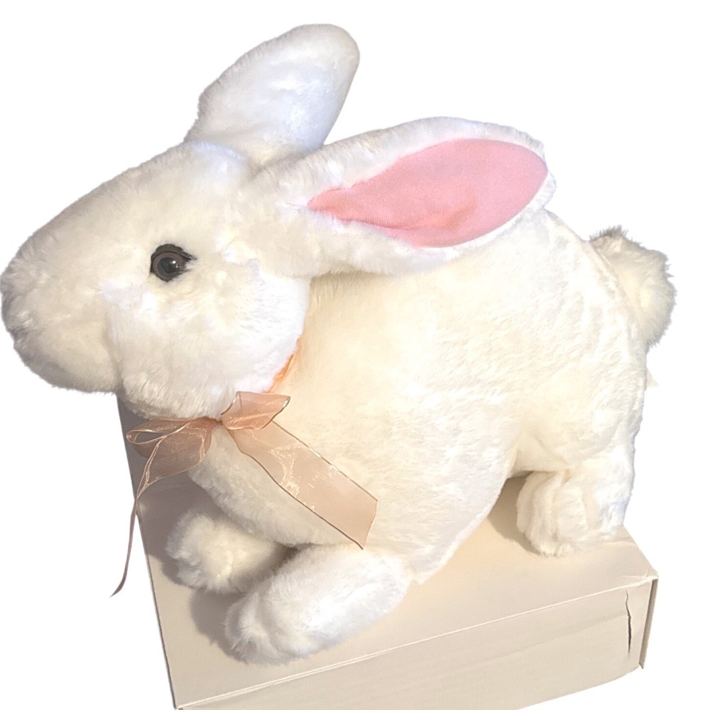 Sun Point Co White Plush Bunny Rabbit Pink Ears Peach Ribbon Stuffed Animal 10in